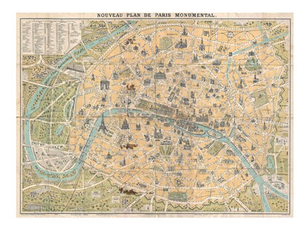 1890 Guilmin Map of Paris, France with Monuments art print