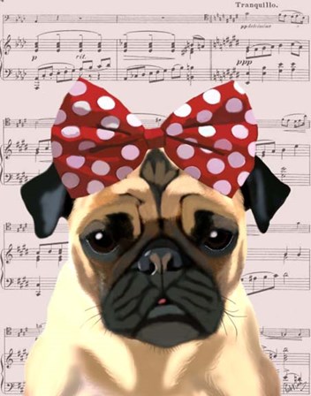 Pug with Red Spotty Bow On Head by Fab Funky art print