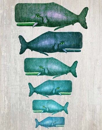 Whale Family Green on White by Fab Funky art print