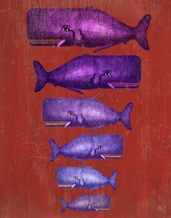 Whale Family Purple on Red by Fab Funky art print